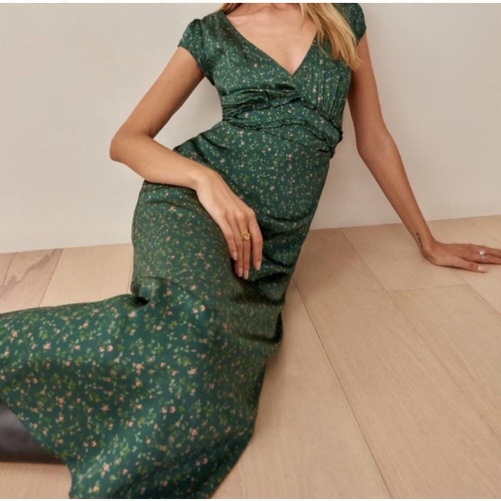 Reformation Kaye Silk Green Floral Dress Size 8 - Picture 9 of 9